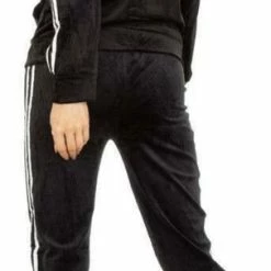 Merkloos Dames Huispak/vrijetijdspak Velours Met Capuchon En Zilver Strepen S/M Zwart -Pyjama-S-Dames Winkel 303x840