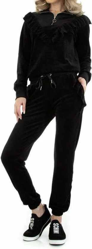 Merkloos Dames Huispak/vrijetijdspak Velours Bewerkt Met Ruches S Zwart 1 Merkloos Dames Huispak/vrijetijdspak Velours Bewerkt Met Ruches S Zwart