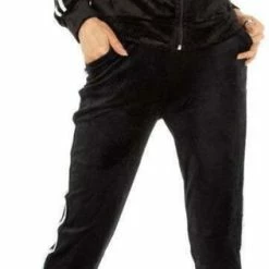 Merkloos Dames Huispak/vrijetijdspak Velours Met Capuchon En Zilver Strepen S/M Zwart