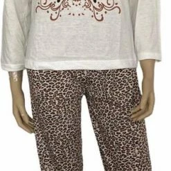 Merkloos Dames Pyjamaset Met Panterprint/vlinderafbeelding M 34-36 Wit/bruin