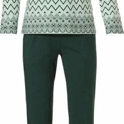 Pastunette Groene, Katoenen Dames Pyjama Met Lange Mouwen En Knoopjes 'soft & Pure Patterned Lines'