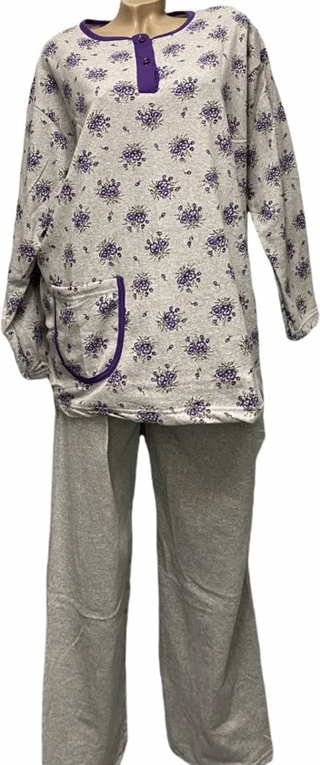 Merkloos Dames Pyjamaset Flanel Met Bloemenprint XXL Grijs/paars 1 Merkloos Dames Pyjamaset Flanel Met Bloemenprint XXL Grijs/paars