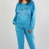 Vienetta | Warme Winter Pyjama Dames | Zacht Velours | Lange Mouw Lange Broek | Blauw | Grote Maten 1XL