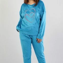 Vienetta | Warme Winter Pyjama Dames | Zacht Velours | Lange Mouw Lange Broek | Blauw | Grote Maten 1XL