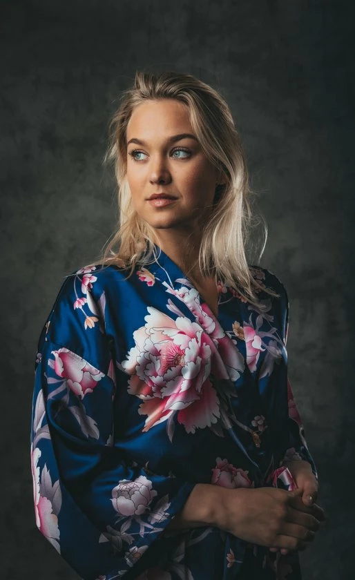 Merkloos Kimono Dames Badjas Blauw Peony Rose Satijn, Lang Model, One Size 3 Merkloos Kimono Dames Badjas Blauw Peony Rose Satijn, Lang Model, One Size - Afbeelding 3