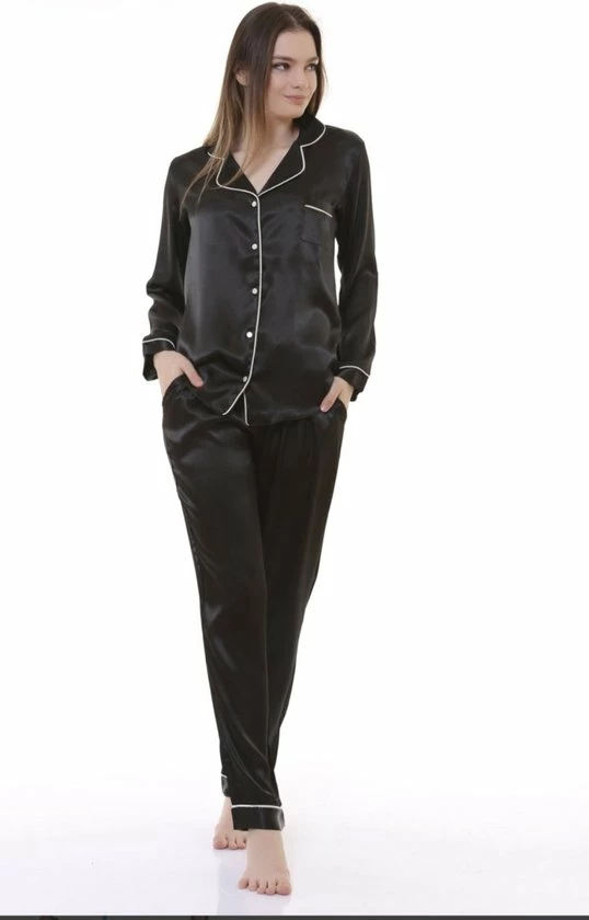 Merkloos Satijn Dames Pyjama Set Zwart Maat S 2 Merkloos Satijn Dames Pyjama Set Zwart Maat S - Afbeelding 2