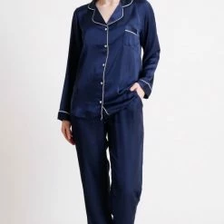 Merkloos Satijn Dames Pyjama Set Donkerblauw Maat XL
