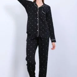 Merkloos Katoen-Satijn Dames Pyjamaset Zwart Met Hartjes Maat M