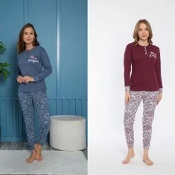 Merkloos 2-Pack Sophia Mila Dames Luxe Pyjama | 2-delige Set | Lange Mouwen | Pyama Dames Volwassenen | Lange Mouw | Blouse | Katoen | Pyjama Dames | Maat XL