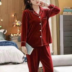 Merkloos Warme, Extra Zachte Pyjama Dames - Fluweel Fleece - 2 Delig - Nachtkleding - Rood - Maat XL - Luxe Cadeau Vrouw