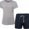 By Louise Essential Dames Pyjamasets Grijs / Blauw Shortama + Top - Maat L