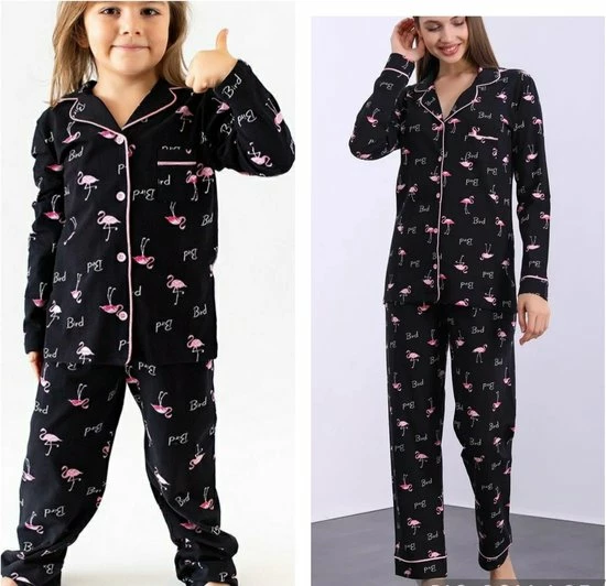 Merkloos Lycra Katoen Dames Pyjamaset Zwart Flamingo Print Maat L 2 Merkloos Lycra Katoen Dames Pyjamaset Zwart Flamingo Print Maat L - Afbeelding 2