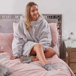 Merkloos Neken - Hoodie Deken Ultra Zachte Sherpa Fleece Warm Cosy Comfy Oversized Draagbare Reus Sweatshirt Gooi Voor Vrouwen Meisjes Volwassenen Mannen Jongens Kids Grote Pocket - Blush Grijs -Pyjama-S-Dames Winkel 550x550 18