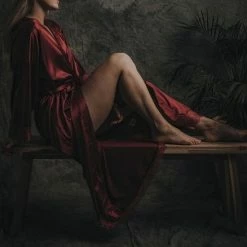 Merkloos Uniek Cadeau Vrouw,Kimono Dames Satijn, Bordeaux Rood Met Kant, Lang Model One Size -Pyjama-S-Dames Winkel 550x574 1