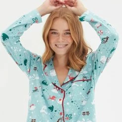 Merkloos Turquoise Kerst Thema Gebreide Pyjama Set, Christmas Pyjama Set ,kerstcadeau Voor Haar (L) -Pyjama-S-Dames Winkel 550x594