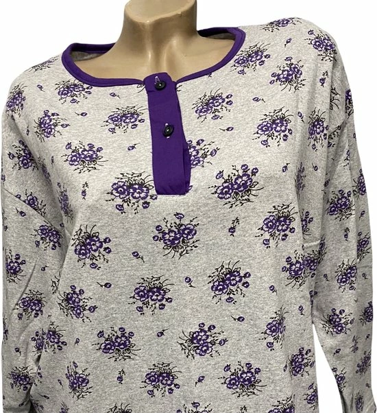 Merkloos Dames Pyjamaset Flanel Met Bloemenprint XXL Grijs/paars 2 Merkloos Dames Pyjamaset Flanel Met Bloemenprint XXL Grijs/paars - Afbeelding 2