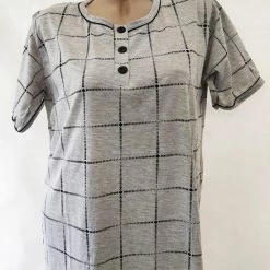 Merkloos Dames Nachthemd Korte Mouw Met Blokprint M 38-40 Grijs/zwart -Pyjama-S-Dames Winkel 550x654