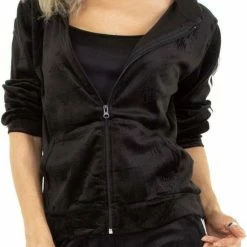 Merkloos Dames Huispak/vrijetijdspak Velours Met Capuchon En Zilver Strepen S/M Zwart -Pyjama-S-Dames Winkel 550x657