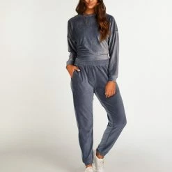 Hunkemöller Dames Nachtmode Top Met Lange Mouwen Velours Rib - Grijs - Maat M