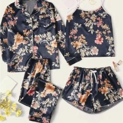 Merkloos Vrouwen Pyjamaset Van 4, Satijn, Donker Blauw, Maat L(40)