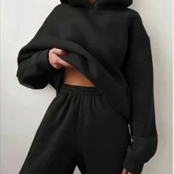 Merkloos Comfortabel Zacht Huispak Tweedelige Set Vrouwen Trainingspak Oversized Pak Broekpakken Vrouwelijke Sweatshirt Effen Sport Hoodie Sportkleding Dames Mode Joggingpak 2022 Kleur Zwart Maat S