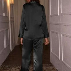 Merkloos MKL - Dames Pyjama Set Van Broek/pantalon En Blouse Lange Mouw Zoete En Zacht - Zijden Rayon - Kleur Zwart - Nacht Sets- Knopen - Nachtkleding/ Ochtendkleding -Maat S -Pyjama-S-Dames Winkel 550x727 1