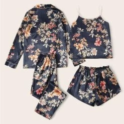 Merkloos Vrouwen Pyjamaset Van 4, Satijn, Donker Blauw, Maat L(40) -Pyjama-S-Dames Winkel 550x729