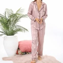 Merkloos Viscose Dames Pyjama Set - Homewear -Satijn Oudroze Maat L