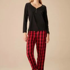 Merkloos Suwen- Dames Pyjama Set Zwart/Rood Geruite Maat S