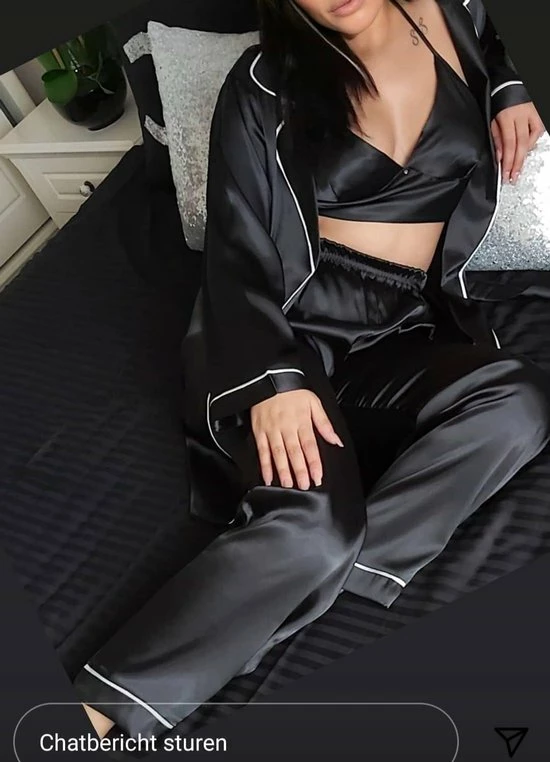 Merkloos Satijn Dames Pyjama Set Zwart Maat S 5 Merkloos Satijn Dames Pyjama Set Zwart Maat S - Afbeelding 5