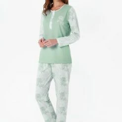Pijadore - Grote Maten Dames Pyjama Set, Lange Mouwen, Groen - 2XL