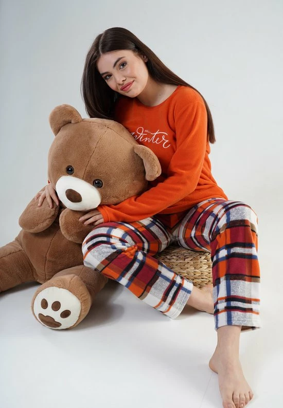 Vienetta - Dames Fleece Pyjama Set, Lange Mouwen, Oranje - L 4 Vienetta - Dames Fleece Pyjama Set, Lange Mouwen, Oranje - L - Afbeelding 4