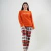 Vienetta - Dames Fleece Pyjama Set, Lange Mouwen, Oranje - M