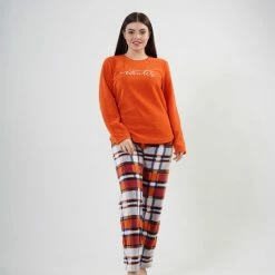 Vienetta - Dames Fleece Pyjama Set, Lange Mouwen, Oranje - M