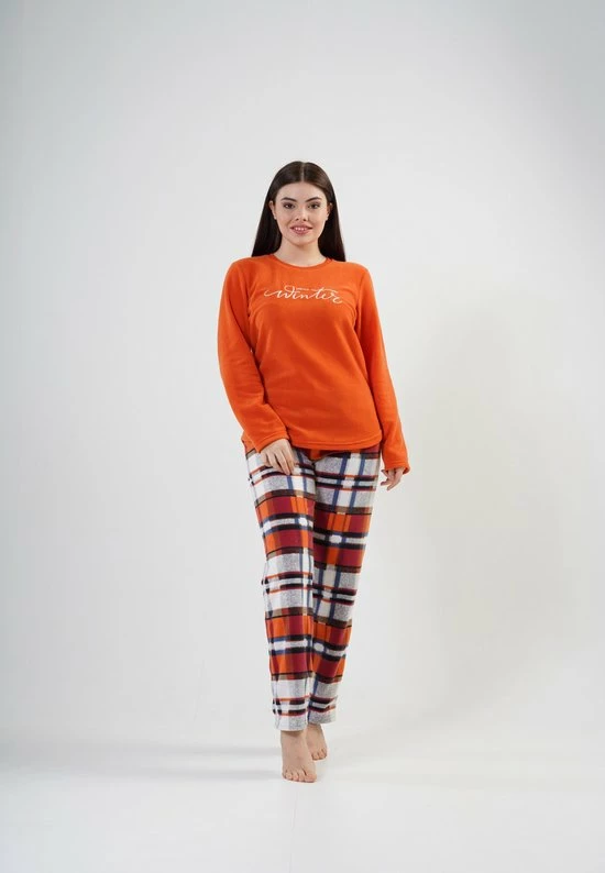Vienetta - Dames Fleece Pyjama Set, Lange Mouwen, Oranje - L 1 Vienetta - Dames Fleece Pyjama Set, Lange Mouwen, Oranje - L
