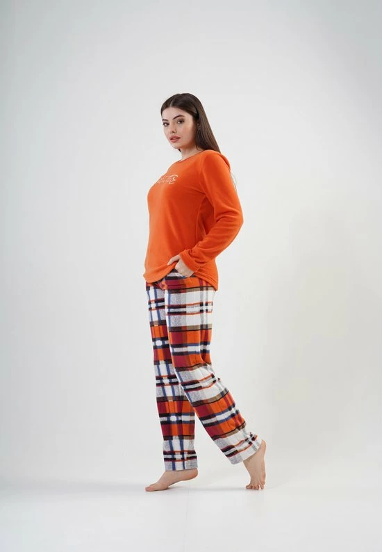Vienetta - Dames Fleece Pyjama Set, Lange Mouwen, Oranje - L 3 Vienetta - Dames Fleece Pyjama Set, Lange Mouwen, Oranje - L - Afbeelding 3