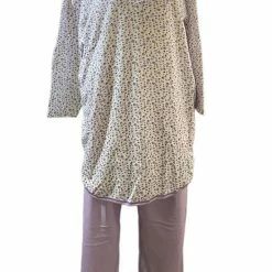 Merkloos Dames Flanel Pyjamaset Warm Gevoerd Met Extra Lange Top XXL Wit/paars