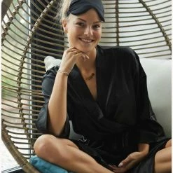 Merkloos Badjas Kimono Satijn Dames -100% Polyester Satijn – Zwarte Kamerjas - One Size (36-42)