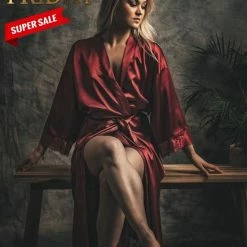 Merkloos Uniek Cadeau Vrouw,Kimono Dames Satijn, Bordeaux Rood Met Kant, Lang Model One Size