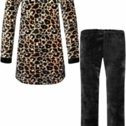 Merkloos Dames Fleece Huispak Met Zakken En Ritsje Met Capuchon XXXL Zwart/bruin