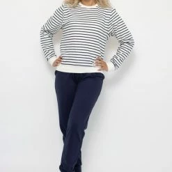 Merkloos Joggingpak Dames, Huispak Dames Bretonse Streep Ecru/marine - Maat XL