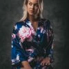 Merkloos Kimono Dames Badjas Blauw Peony Rose Satijn, Lang Model, One Size