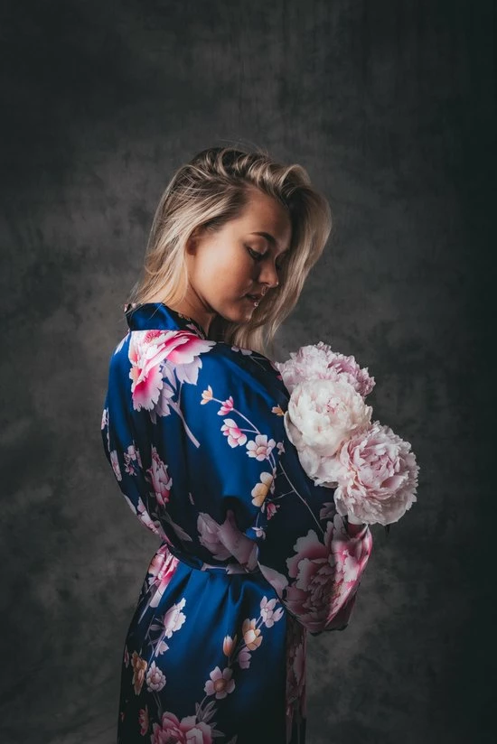 Merkloos Kimono Dames Badjas Blauw Peony Rose Satijn, Lang Model, One Size 6 Merkloos Kimono Dames Badjas Blauw Peony Rose Satijn, Lang Model, One Size - Afbeelding 6