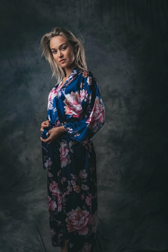 Merkloos Kimono Dames Badjas Blauw Peony Rose Satijn, Lang Model, One Size 11 Merkloos Kimono Dames Badjas Blauw Peony Rose Satijn, Lang Model, One Size - Afbeelding 11