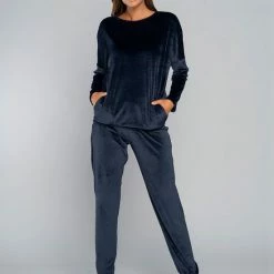 Italian Fashion Juga| Warme Winter Pyjama Dames Fleece | Lange Mouw Lange Broek | Marineblauw | KORTING | SALE S