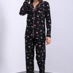 Merkloos Lycra Katoen Dames Pyjamaset Zwart Flamingo Print Maat L