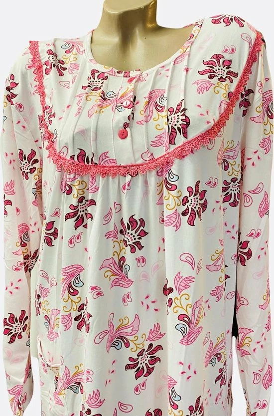 Merkloos Dames Lang Nachthemd Met Lange Mouwen XXL 44-48 Wit/roze 5 Merkloos Dames Lang Nachthemd Met Lange Mouwen XXL 44-48 Wit/roze - Afbeelding 5